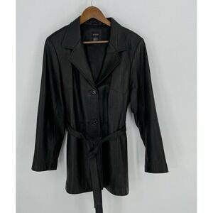 Massini Womens LG Black Leather Long Sleeve Pockets Belted Button Front Jacket